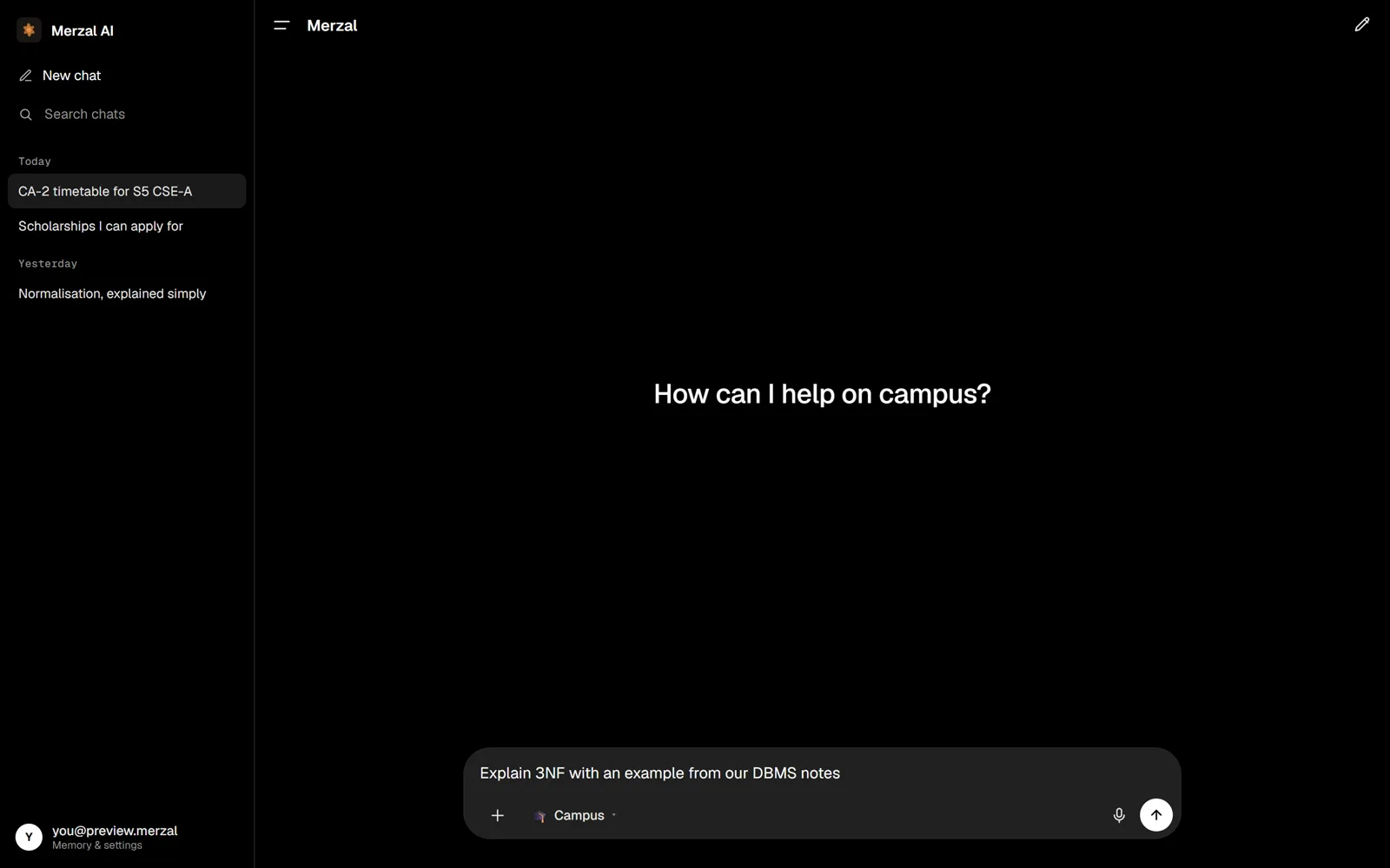 The Merzal AI home screen, with a student typing a question about third normal form