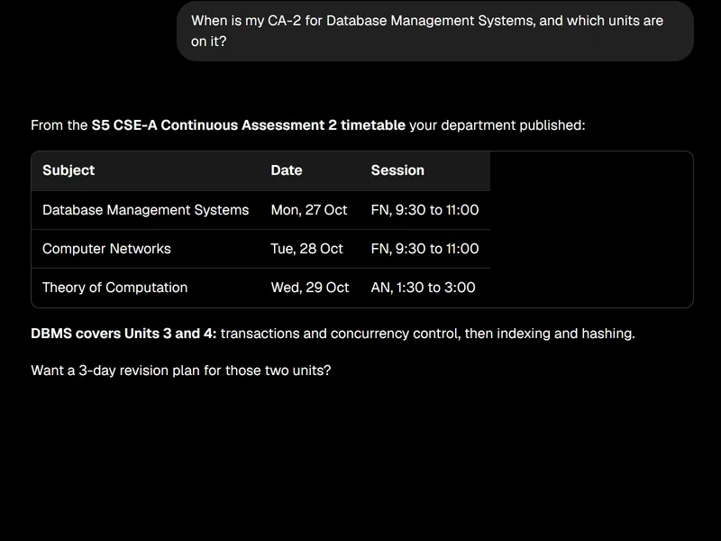 Close-up of the answer: From the S5 CSE-A Continuous Assessment 2 timetable your department published, followed by dates and sessions for Database Management Systems, Computer Networks and Theory of Computation