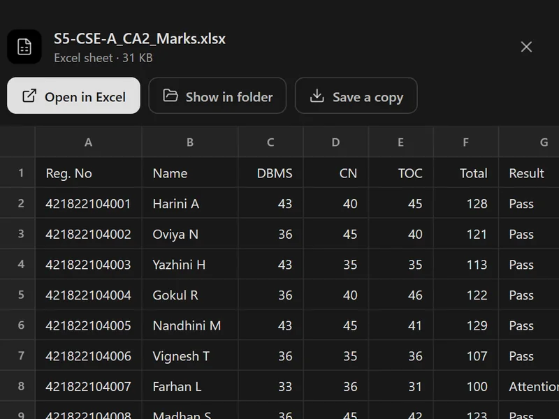 The finished S5-CSE-A_CA2_Marks.xlsx open in Merzal Agent's preview, with Open in Excel, Show in folder and Save a copy buttons