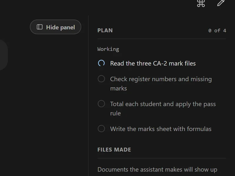 Merzal Agent working: its plan panel lists four steps, with the first one, Read the three CA-2 mark files, in progress