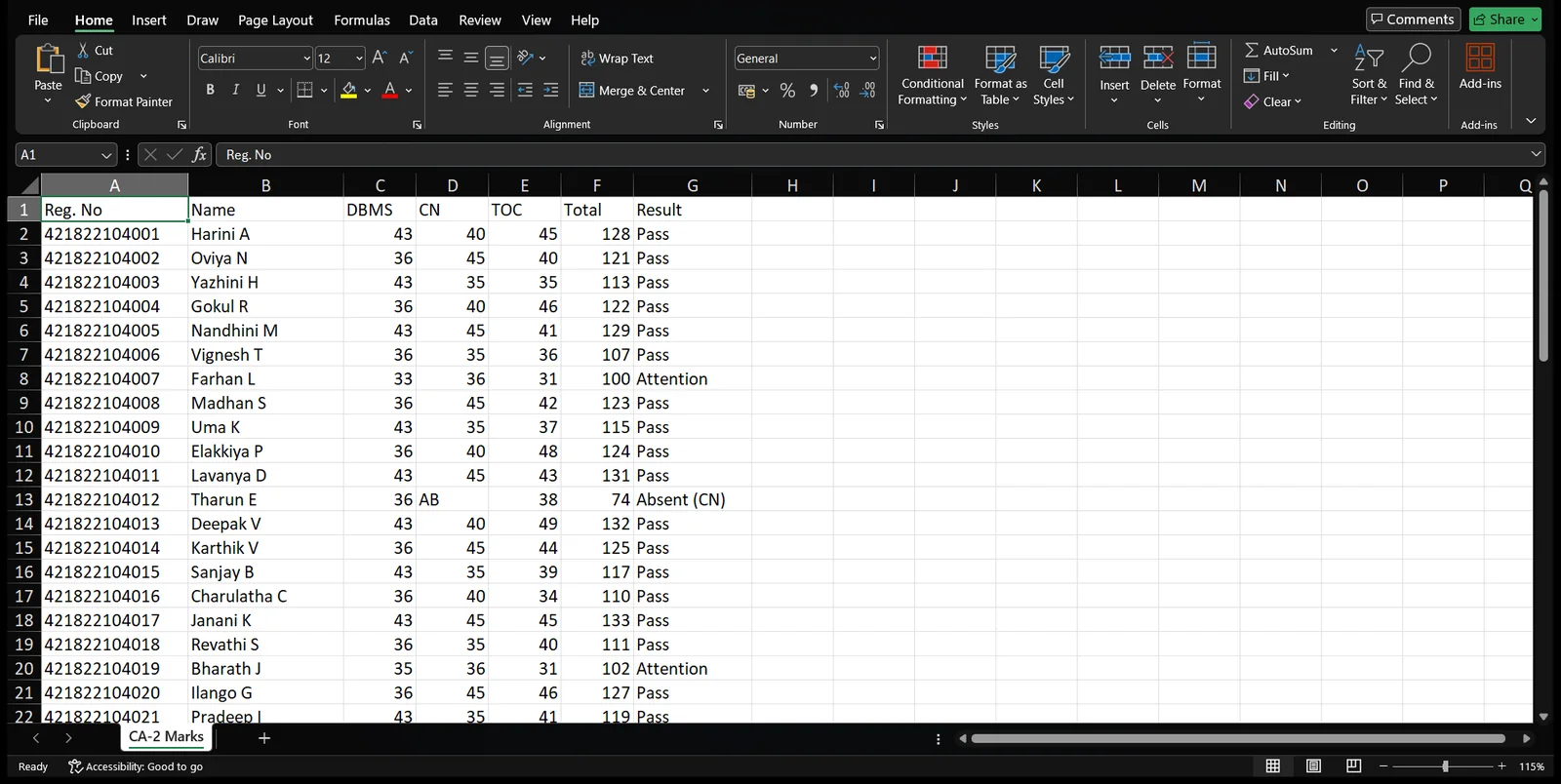 Excel with the CA-2 marks sheet open: register number, name, DBMS, CN and TOC marks, total and result for each student