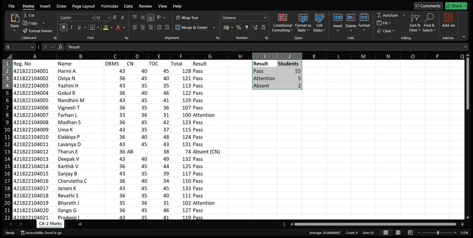 Excel with a results summary beside the marks: 55 pass, 5 attention, 2 absent